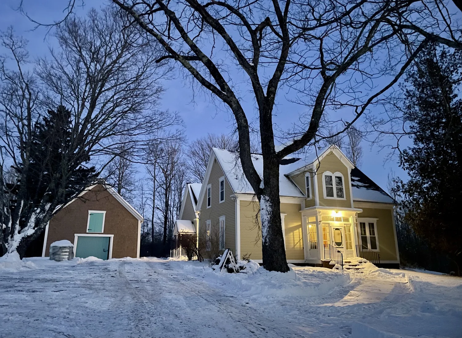 Balsam Parlour glowing on a snowy winter evening